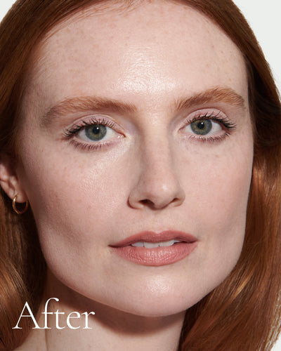 after1 block Close up portrait of model after application  of T2 with text stating 'After'