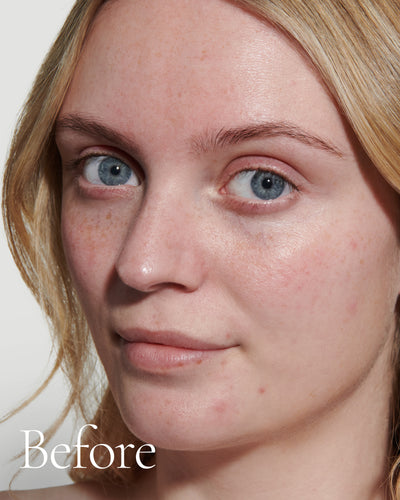 before1 block  Close up portrait of model before wearing Tint with text stating 'Before'