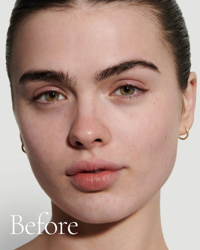 before1 block  Close up portrait of model before wearing Tint with text stating 'Before'