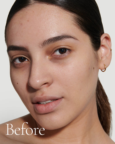 before1 block  Close up portrait of model before wearing Tint with text stating 'Before'