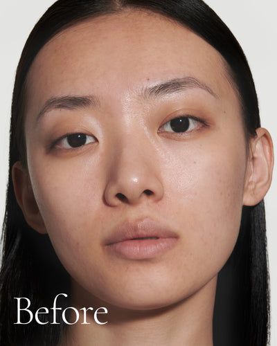 before1 block  Close up portrait of model before wearing Tint with text stating 'Before'