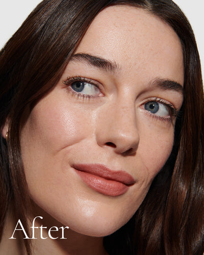 after1 block Close up portrait of model after application  of T7 with text stating 'After'