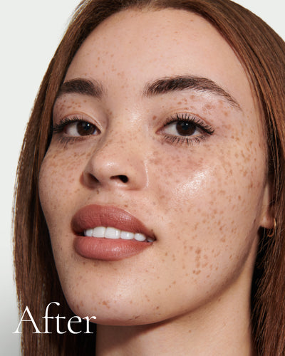 after3 block Close up portrait of model after application  of T7 with text stating 'After'