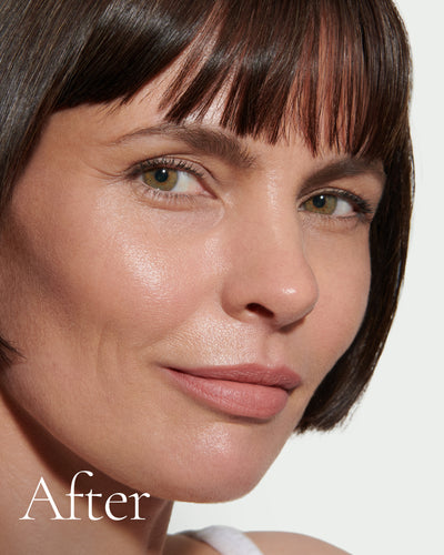 after1 block Close up portrait of model after application  of T8 with text stating 'After'