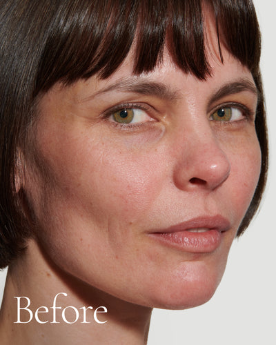 before1 block  Close up portrait of model before wearing Tint with text stating 'Before'