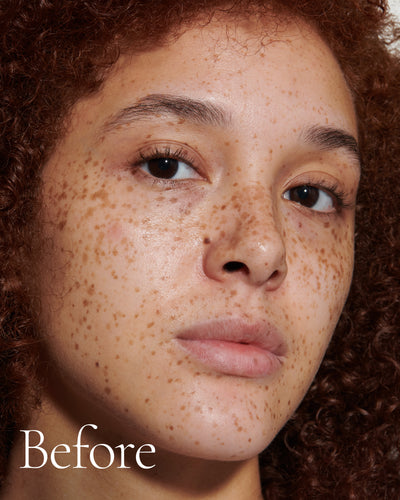 before2 block  Close up portrait of model before wearing Tint with text stating 'Before'