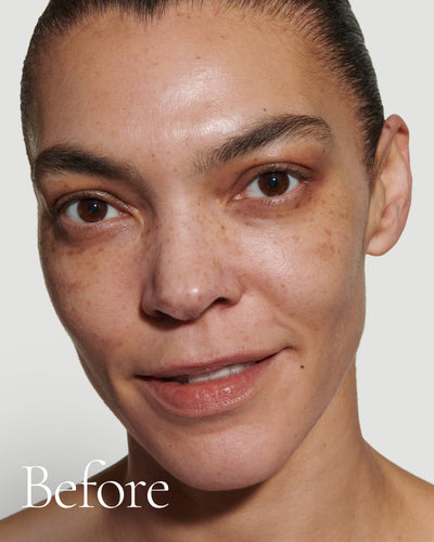 before1 block  Close up portrait of model before wearing Tint with text stating 'Before'