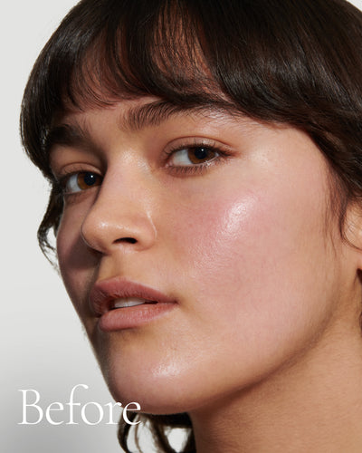 before2 block  Close up portrait of model before wearing Tint with text stating 'Before'