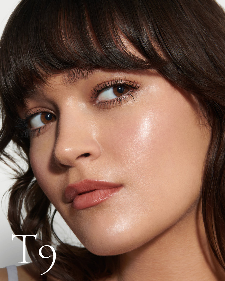 numbered Close up portrait of model wearing T9 with text displaying so