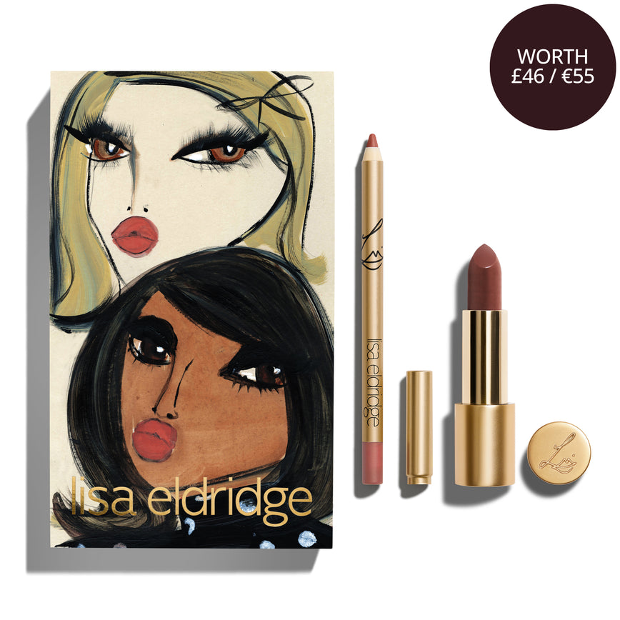 Product cover with artistic depiction of two models alongside Lisa Eldridge Velvet Muse and Muse Enhance and Define Lip Pencil, with text: WORTH £46/55EUR