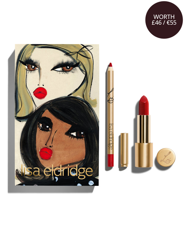 block Blairz x Lisa Eldridge Holiday Ribbon Kit  packaging with a pouting model art design, alongside a Lisa Eldridge Enhance and Define Pencil and Velvet Lip Colour in shade Ribbon