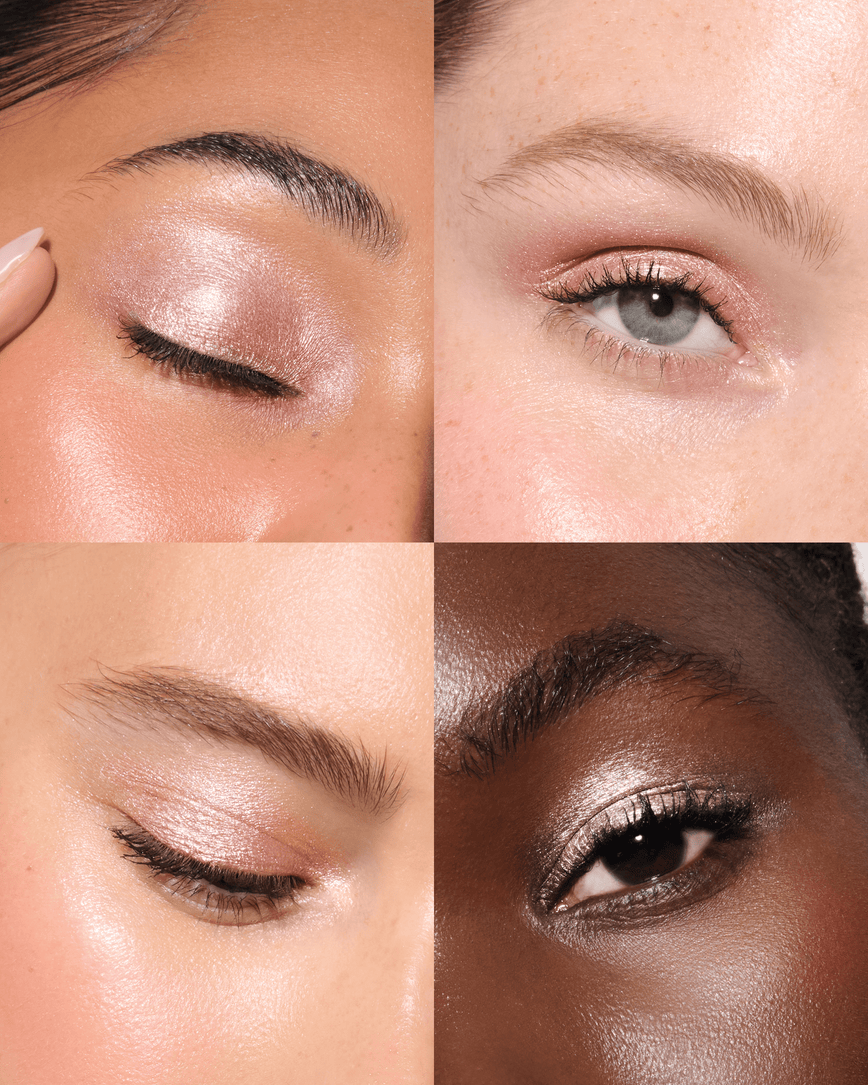 Close-up of four models' eyes, wearing Rosalie Liquid Lurex Liquid Eyeshadow, a warm, peachy rose.