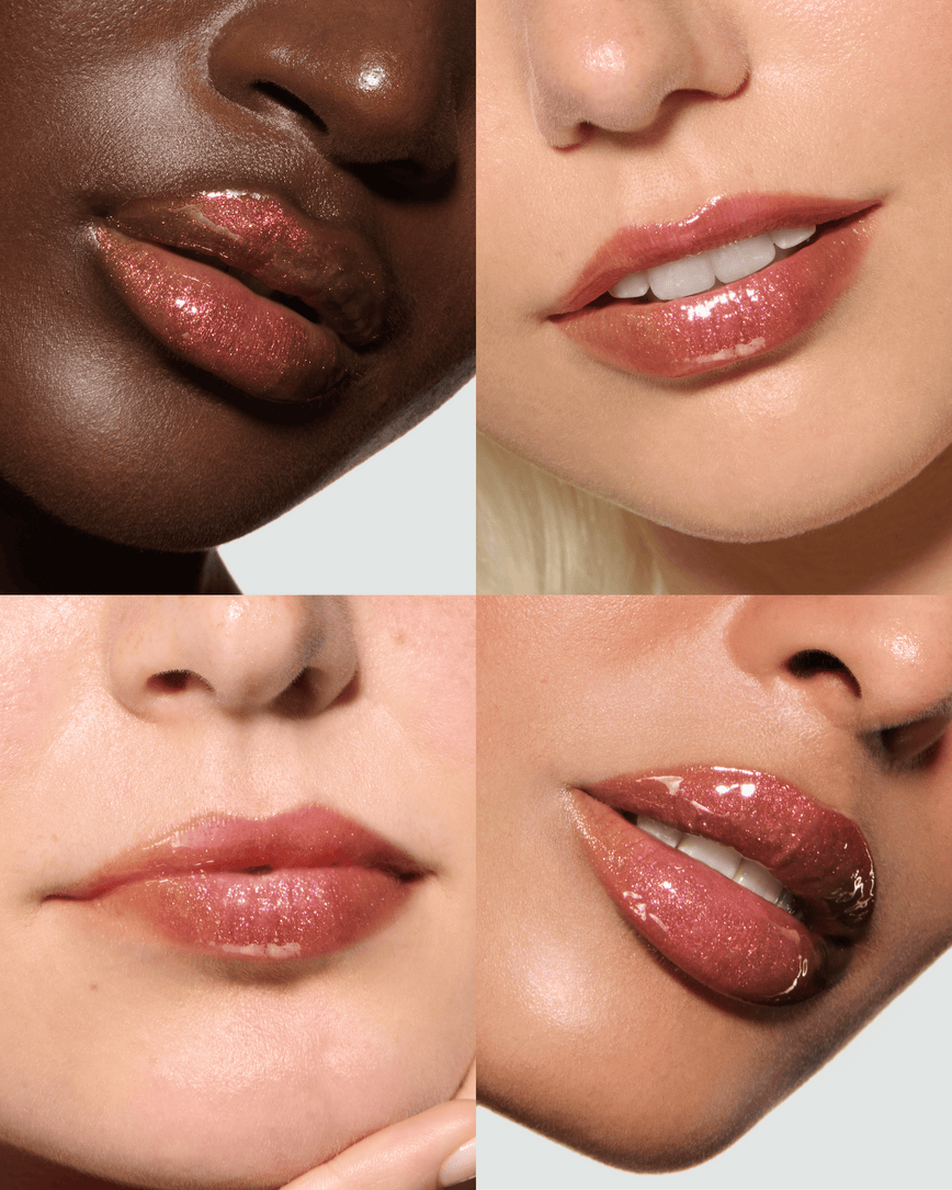 Close-up of four models' lips, wearing Chameleon Chaos Gloss Embrace Sequin Lip Gloss, a burnt orange punch with duo-chrome orange-pink sparkle. 