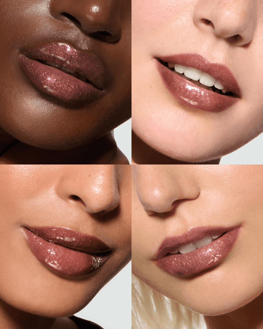 Close-up of four models' lips, wearing Kensington Plum Gloss Embrace Sequin Lip Gloss, a chocolatey plum berry with golden sparkle.