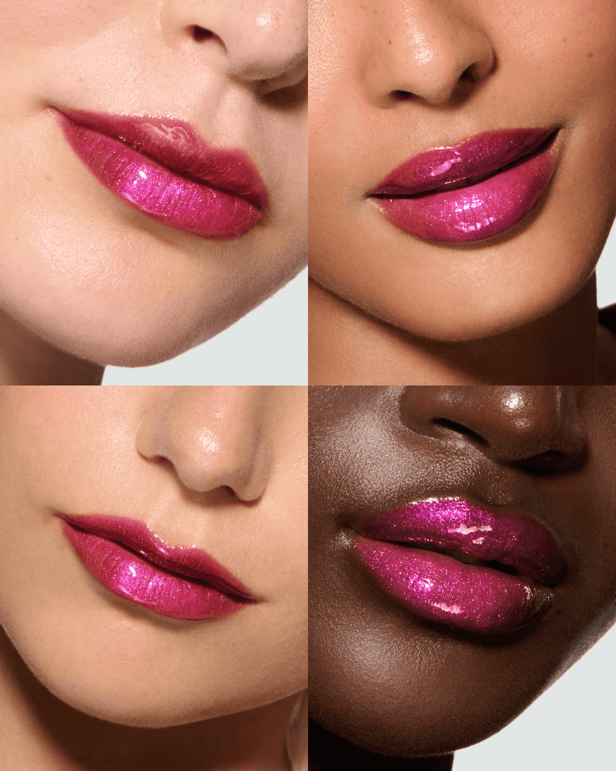Close-up of four models' lips, wearing Peek-A-Boo Pink Gloss Embrace Sequin Lip Gloss, a bauble cerise with hot pink sparkle.  